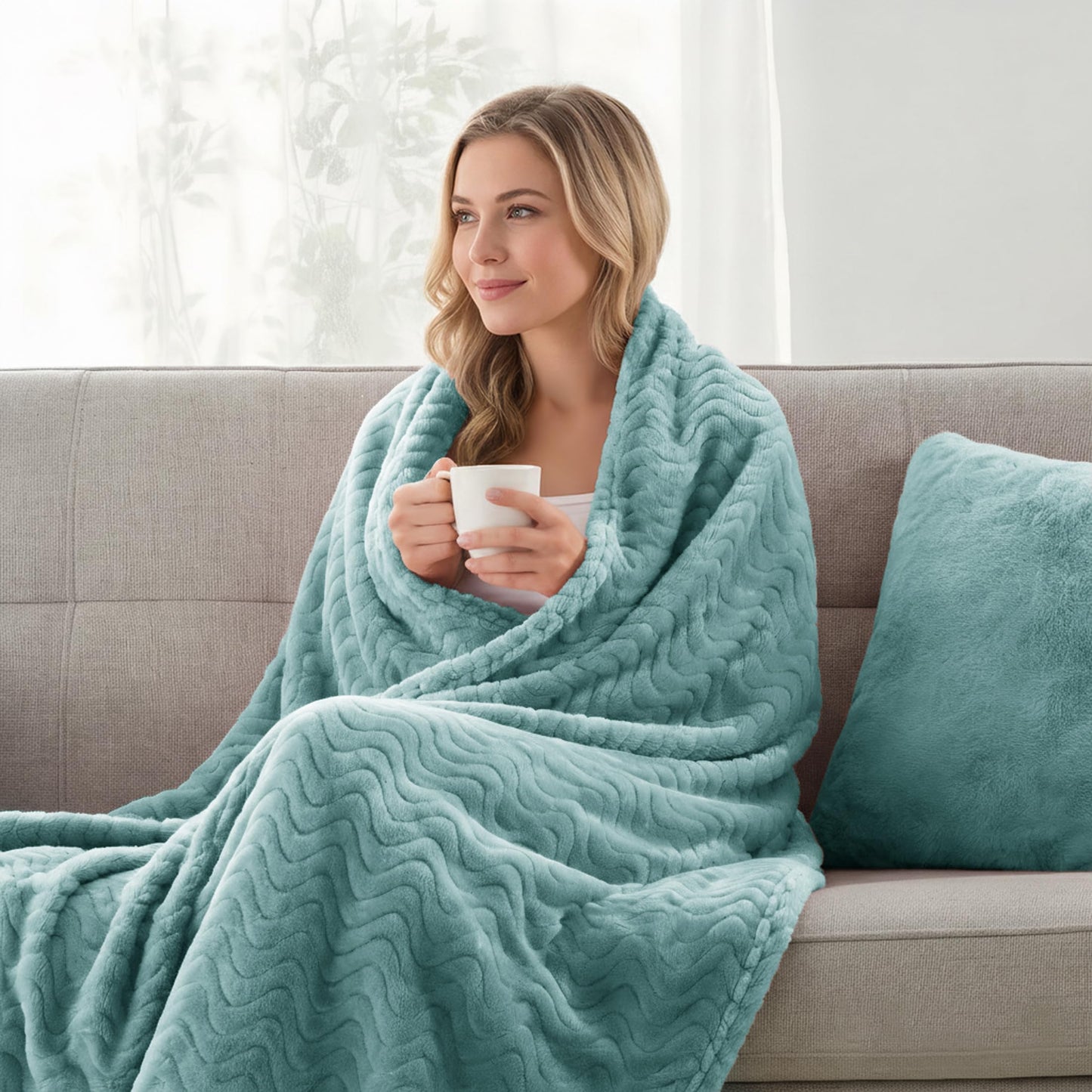 Exclusivo Mezcla Twin Size Jacquard Weave Wave Pattern Flannel Fleece Velvet Plush Bed Blanket as Bedspread/Coverlet/Bed Cover (90" x 66", Celadon) - Soft, Lightweight, Warm and Cozy