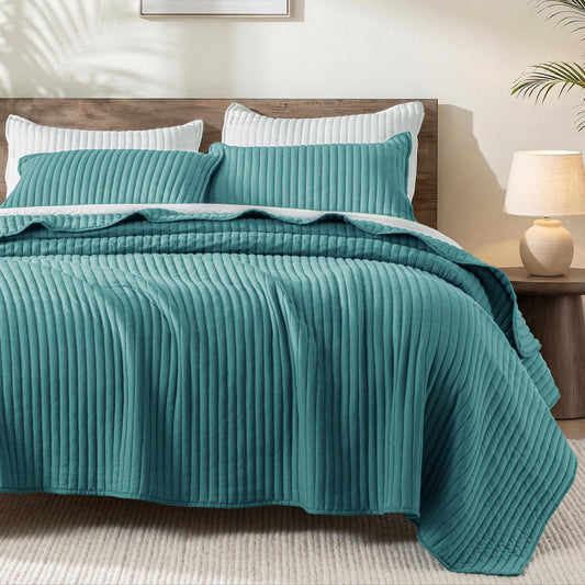 Exclusivo Mezcla King Size Quilt Bedding Set, Stripe Stitching Teal Quilts King Size for All Seasons, Soft Lightweight Microfiber Bedspreads Coverlets Bed Cover, 104"x96"