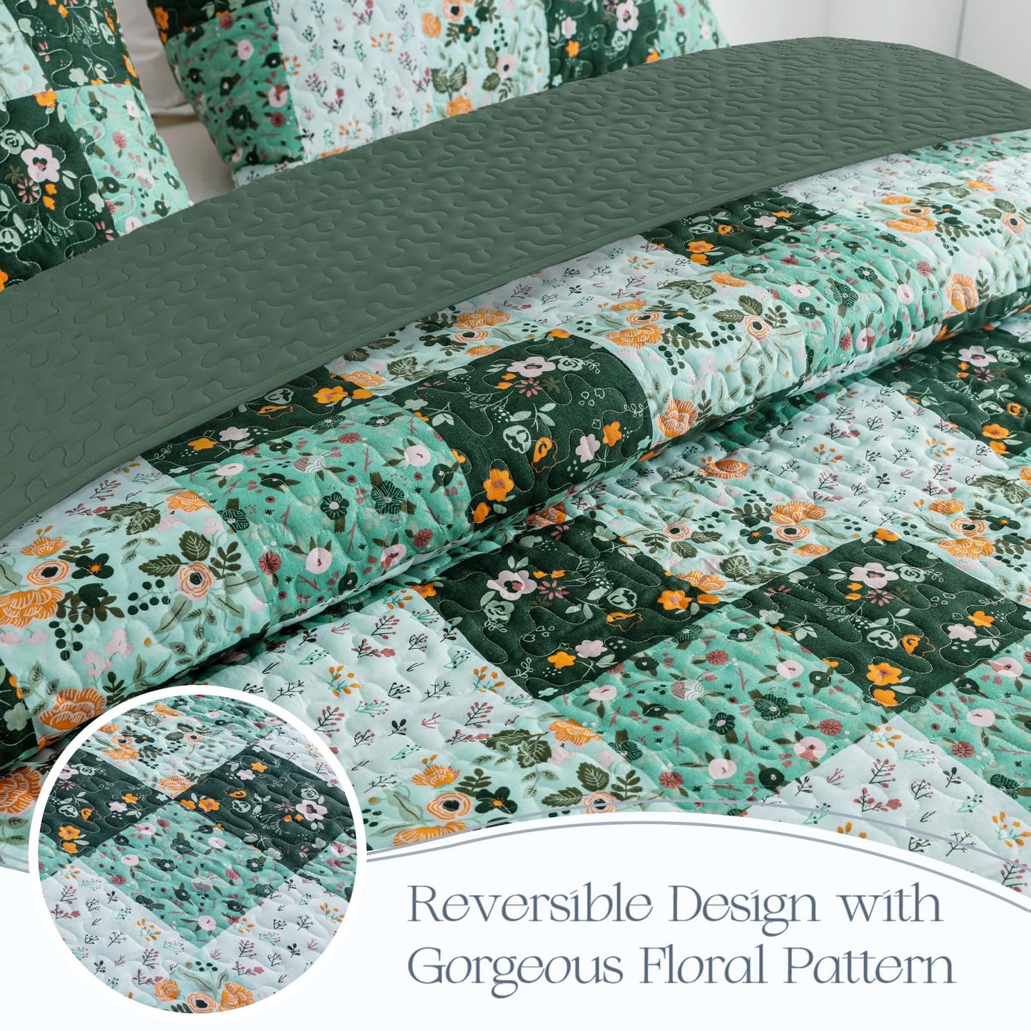 Exclusivo Mezcla Reversible Boho Quilts Twin Size, Green Bedspreads Lightweight Coverlet All Season Patchwork Quilt Bedding Set with Printed Floral Pattern (1 Quilt, 1 Pillow Sham)
