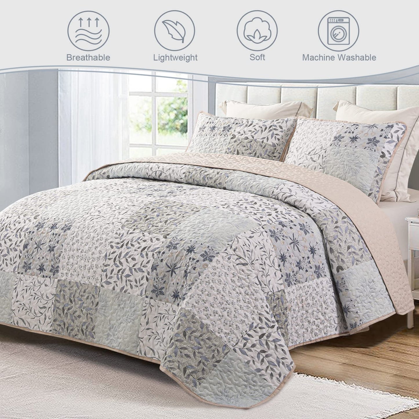 Exclusivo Mezcla Reversible Boho California King Quilt, Gray Soft Bedspreads Lightweight Coverlet All Season Patchwork Quilts Bedding Set with Printed Floral Pattern (1 Quilt, 2 Pillow Shams)