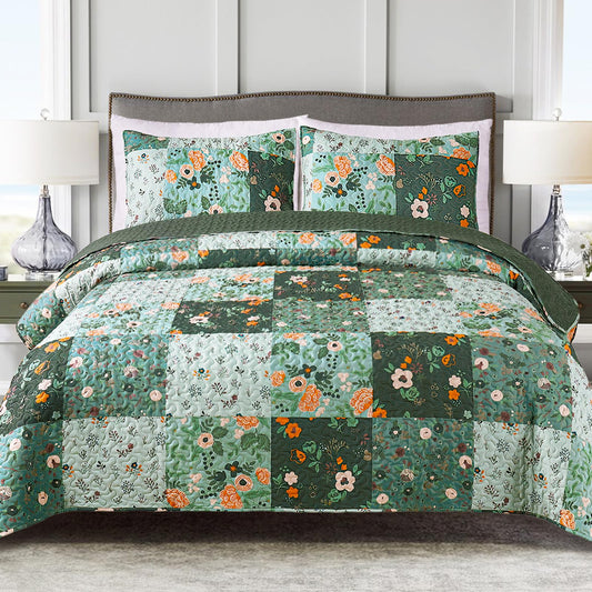 Exclusivo Mezcla Reversible Boho Quilts Twin Size, Green Bedspreads Lightweight Coverlet All Season Patchwork Quilt Bedding Set with Printed Floral Pattern (1 Quilt, 1 Pillow Sham)