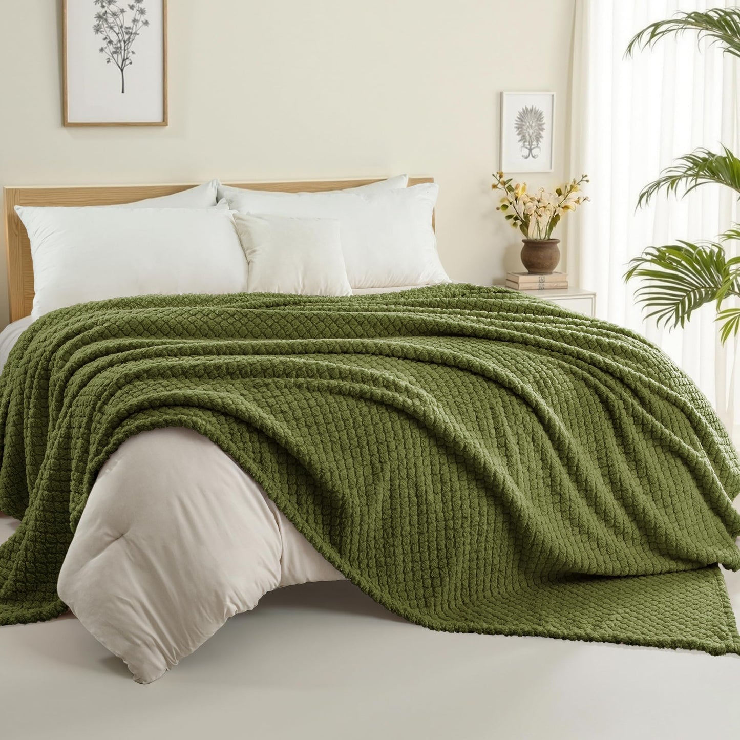 Exclusivo Mezcla King Size Flannel Fleece Blanket, Super Soft Jacquard Bed Blanket, Lightweight Fuzzy Warm for All Seasons, 90x104 Inches, Olive Green