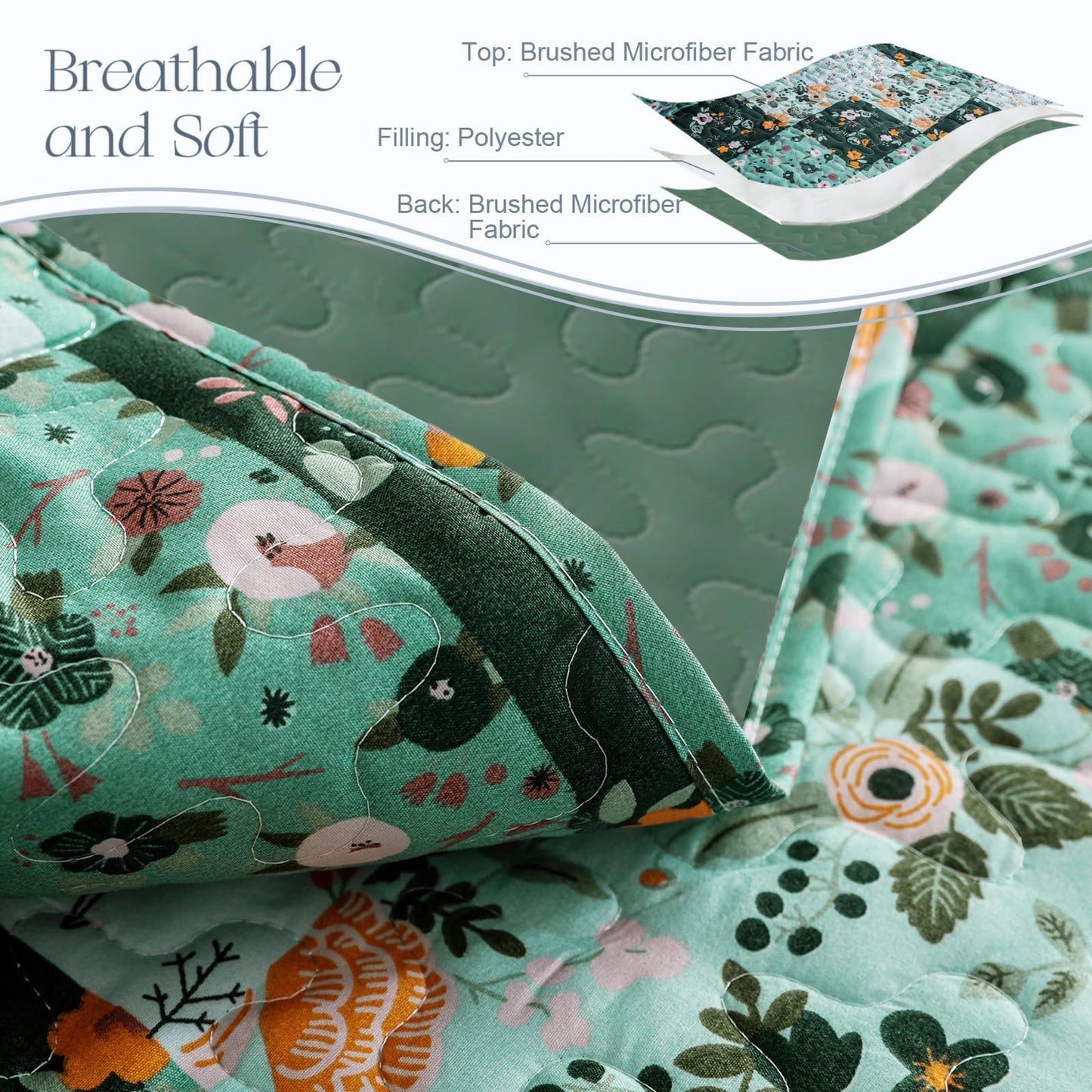 Exclusivo Mezcla Reversible Boho Quilts King Size, Green Bedspreads Lightweight Coverlet All Season Patchwork Quilt Bedding Set with Printed Floral Pattern (1 Quilt, 2 Pillow Shams)