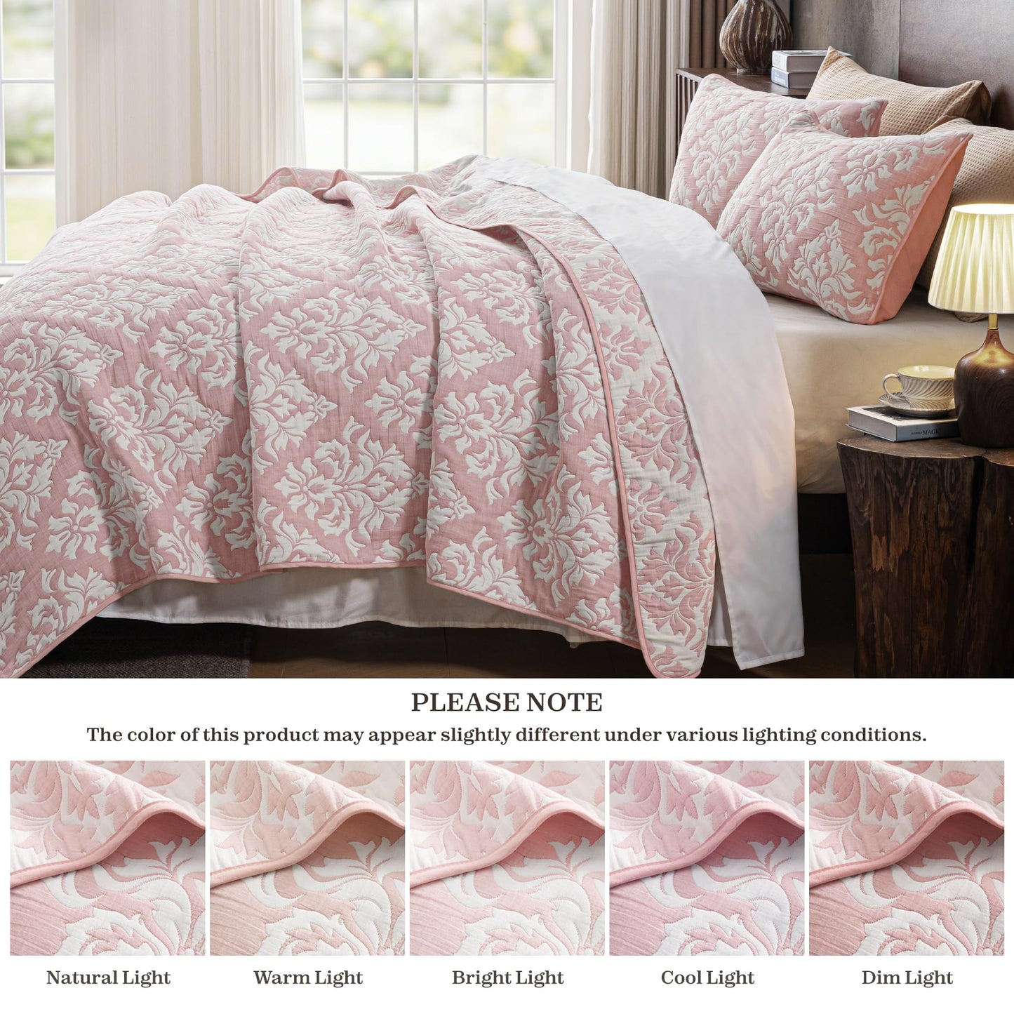 Exclusivo Mezcla Cotton Muslin Quilts Queen Size Pink, Soft Breathable Bedspread Lightweight Prewashed Bed Coverlet With 2 Pillow Shams, Boho Pattern Yarn Dyed Quilt Bedding Set for All Seasons