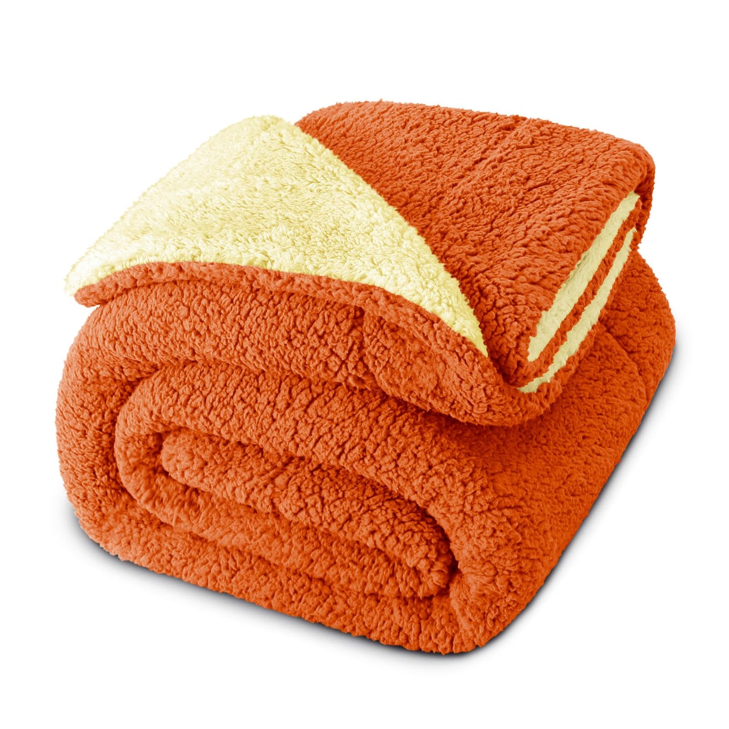 Exclusivo Mezcla Reversible Queen Size Sherpa Blanket, Thick and Warm Fleece Blankets for Winter, Soft Plush Fluffy for Bed, 90x90 Inches, Orange/ Yellow