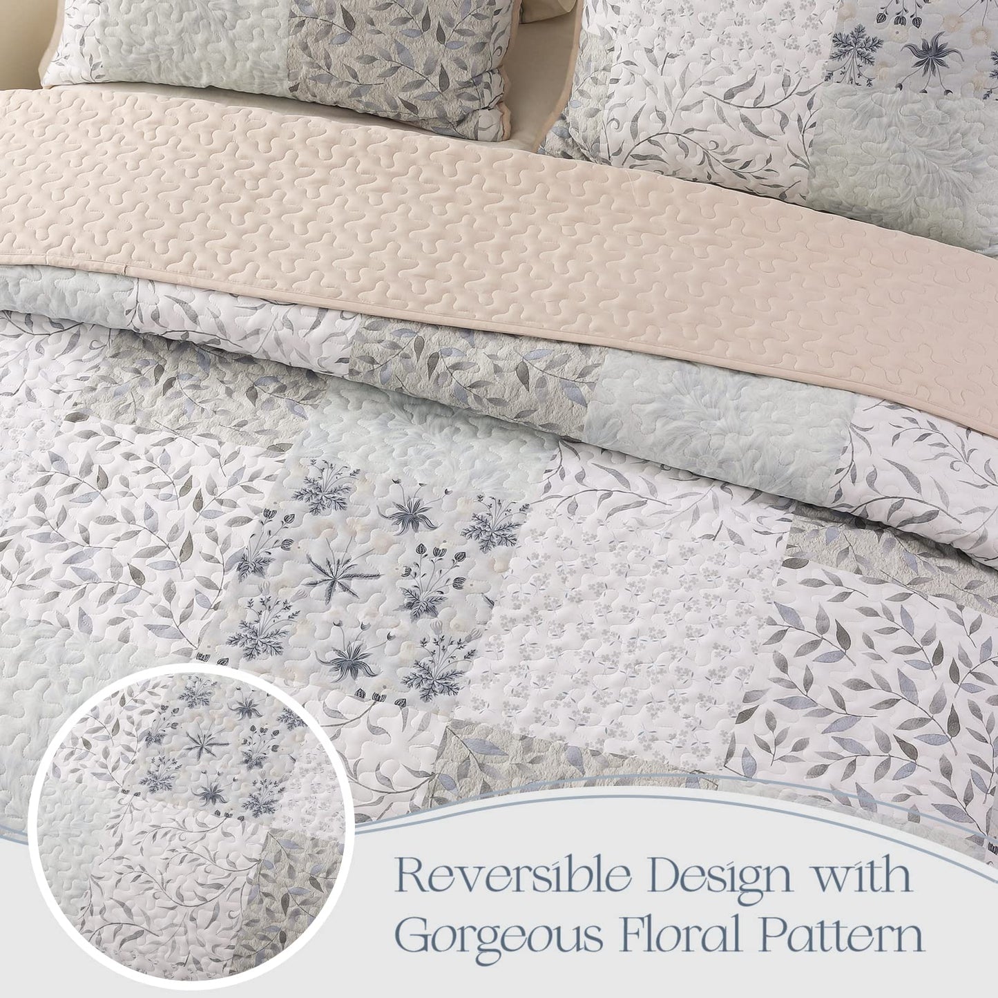 Exclusivo Mezcla Reversible Boho Quilt Set Twin Size, 2 Pieces Patchwork Gray All Season Bedspreads, Ultra Soft Floral Coverlet Bedding Set with Printed Pattern (1 Quilt, 1 Pillow Sham)