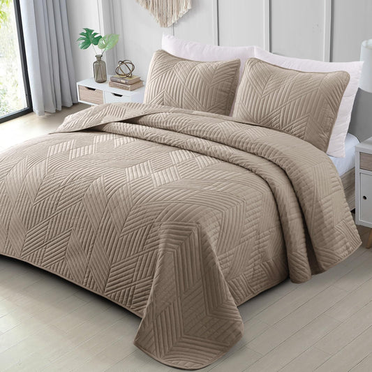 Exclusivo Mezcla Ultrasonic Twin Quilt Bedding Set, Lightweight Taupe Bedspreads Soft Modern Geometric Coverlet Set