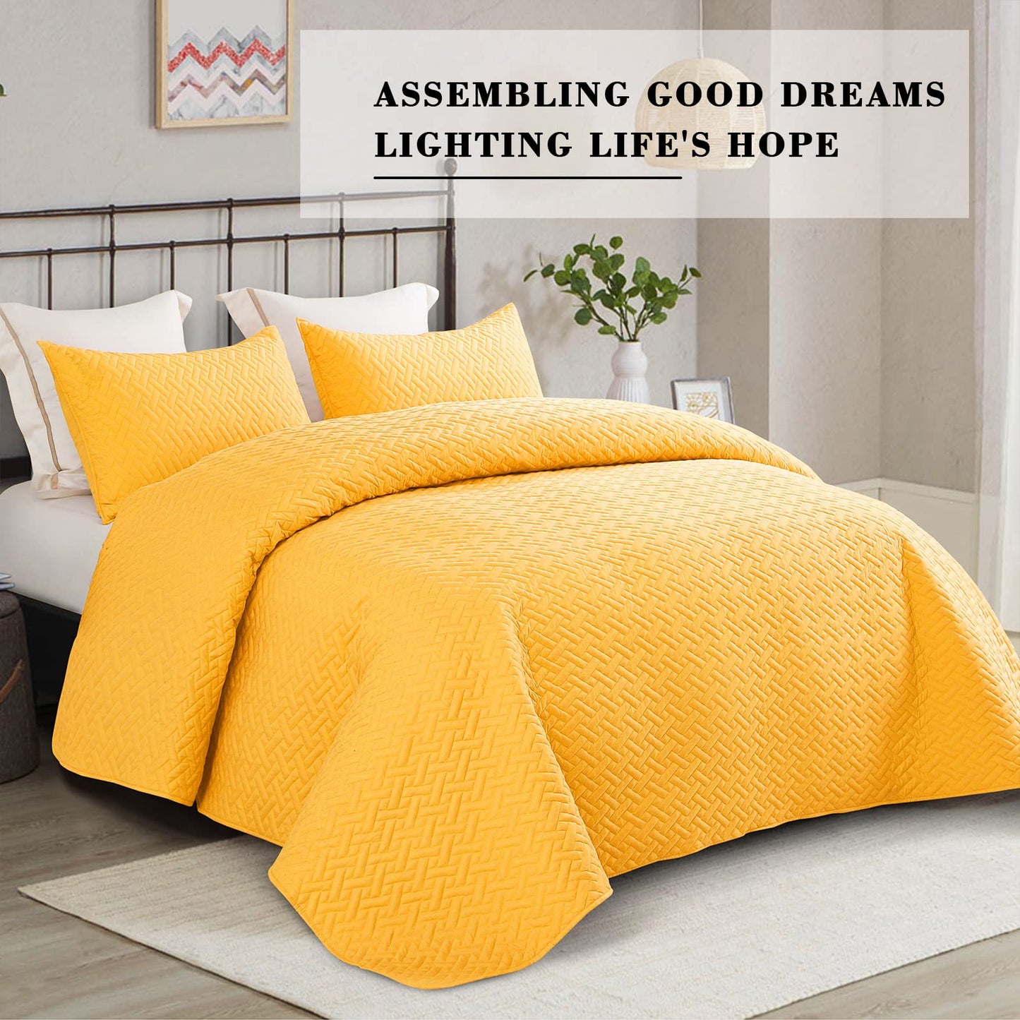 Exclusivo Mezcla 2-Piece Twin Size Quilt Set with One Pillow Sham, Basket Quilted Bedspread/Coverlet/Bed Cover(68x88 Inches, Yellow) -Soft, Lightweight and Reversible