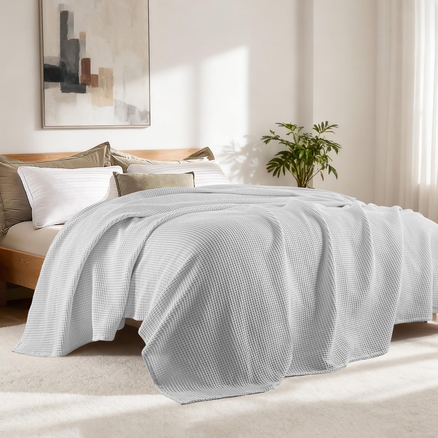 Exclusivo Mezcla 100% Cotton Waffle Weave Blanket Twin Size, Soft, Lightweight and Breathable Muslin Gauze Blanket for Dorm, Home Decor, All Season, 60"x80", Light Grey
