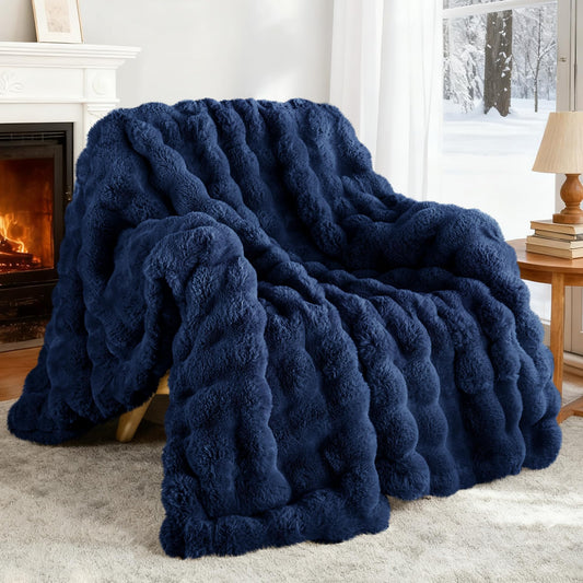 Exclusivo Mezcla Faux Fur Twin Size Blanket for Bed, Luxury Reversible 3D Rabbit Bubble Fuzzy Thick Sherpa Blankets for Winter, Plush Fleece Warm Cozy Bed Throw, 60x80 Inches, Navy Blue