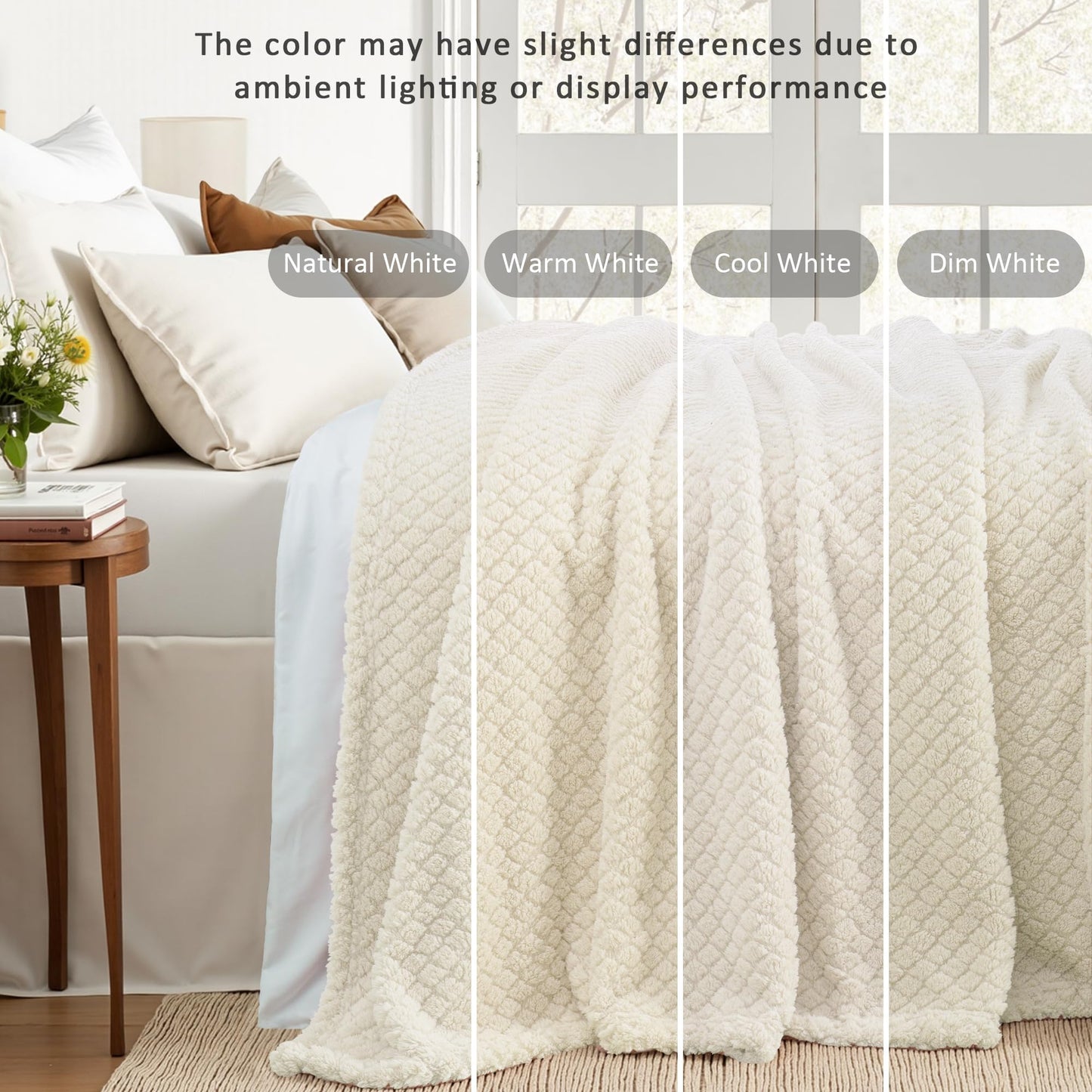 Exclusivo Mezcla Fleece Throw Blanket for Couch, Super Soft Jacquard Bed Blanket, Lightweight Fuzzy Warm for All Seasons, 50x60 Inches, Ivory