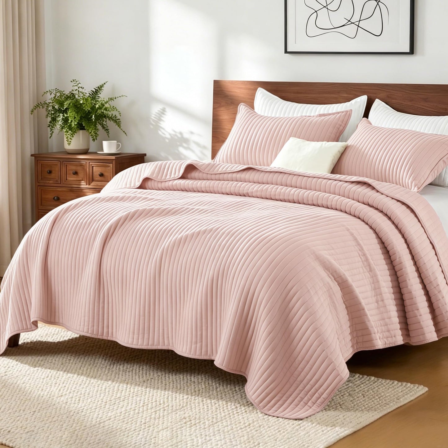 Exclusivo Mezcla Twin Quilt Bedding Set, Stripe Stitching Blush Pink Quilts Twin Size for All Seasons, Soft Lightweight Microfiber Bedspreads Coverlets Bed Cover, 68"x88"