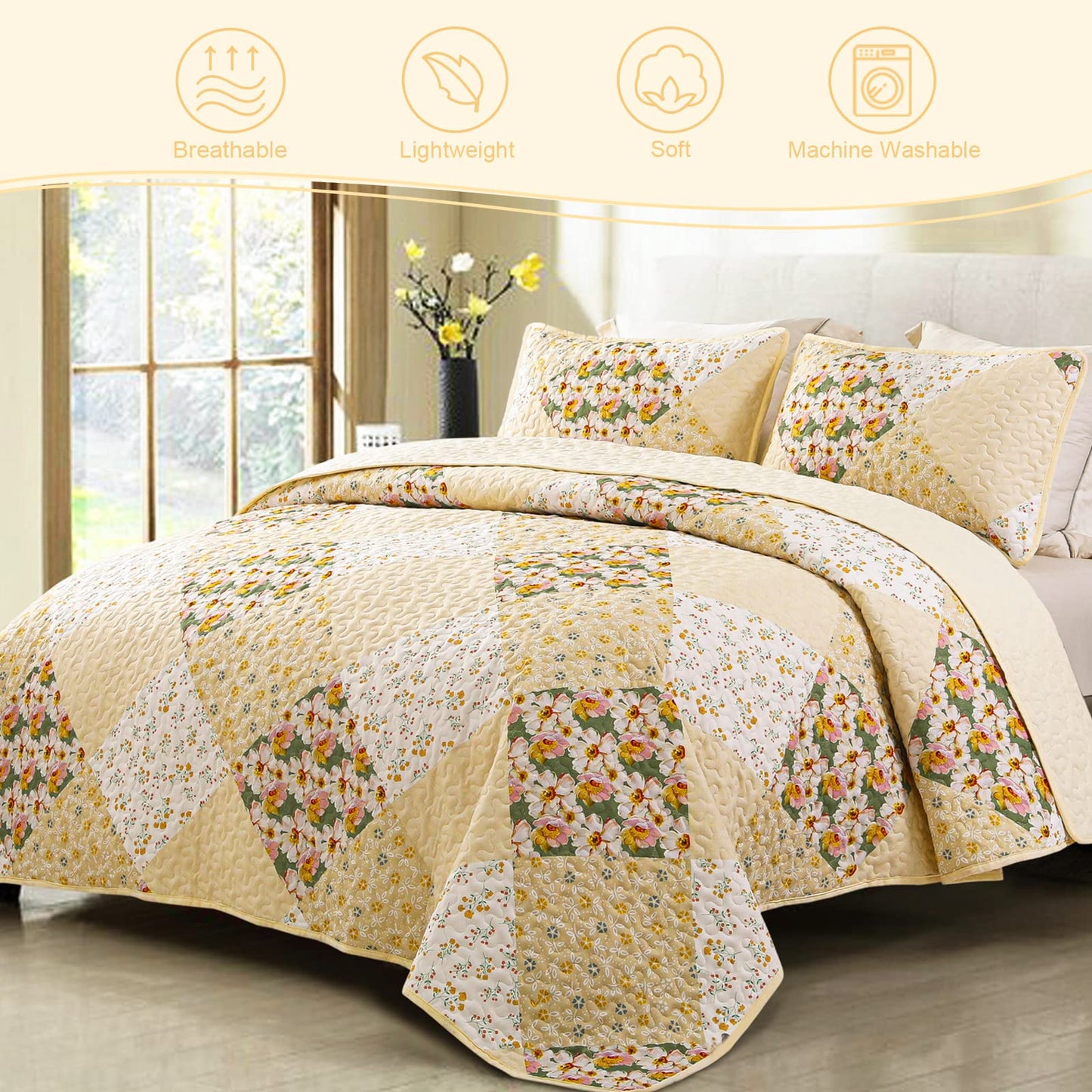 Exclusivo Mezcla Reversible Boho California King Quilt, Yellow Soft Bedspreads Lightweight Coverlet All Season Patchwork Quilts Bedding Set with Printed Floral Pattern (1 Quilt, 2 Pillow Shams)
