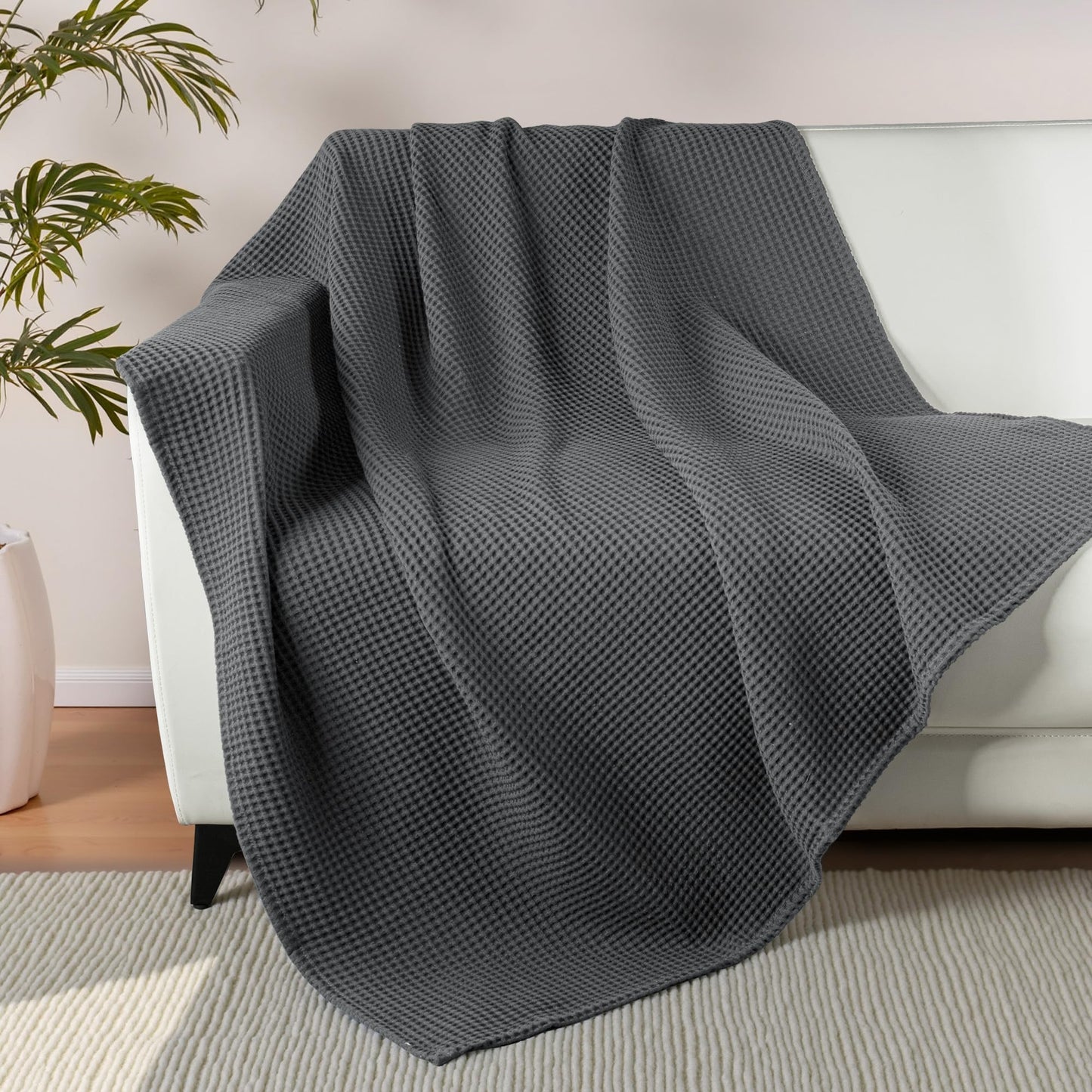 Exclusivo Mezcla 100% Cotton Waffle Weave Throw Blanket, Soft, Lightweight and Breathable Muslin Gauze Blanket for Couch, Sofa, All Season, 50"x70", Dark Grey