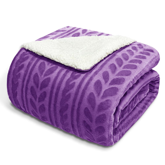 Exclusivo Mezcla Queen Size Sherpa Fleece Bed Blanket, Reversible Velvet Warm Blankets for Bed Couch Sofa, 90x90 Inches, Purple