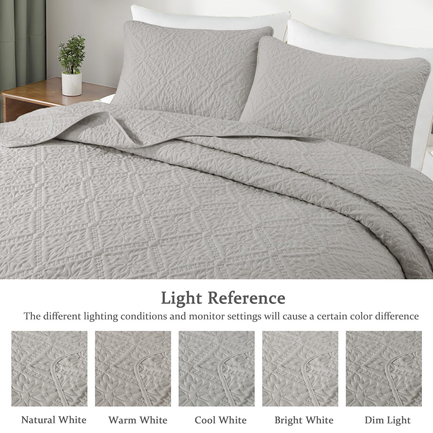 Exclusivo Mezcla California King Quilt Bedding Set, Lightweight Soft Bedspreads Coverlets with 2 Pillow Shams, Modern Light Grey Oversized Quilts King Size for All Seasons