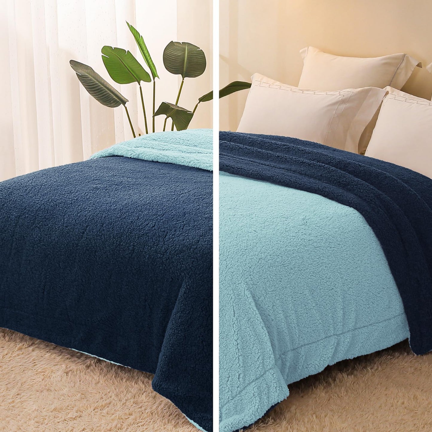 Exclusivo Mezcla Reversible King Size Sherpa Blanket, Thick and Warm Fleece Blankets for Winter, Soft Plush Fluffy for Bed, 90x104 Inches, Navy/ Light Blue