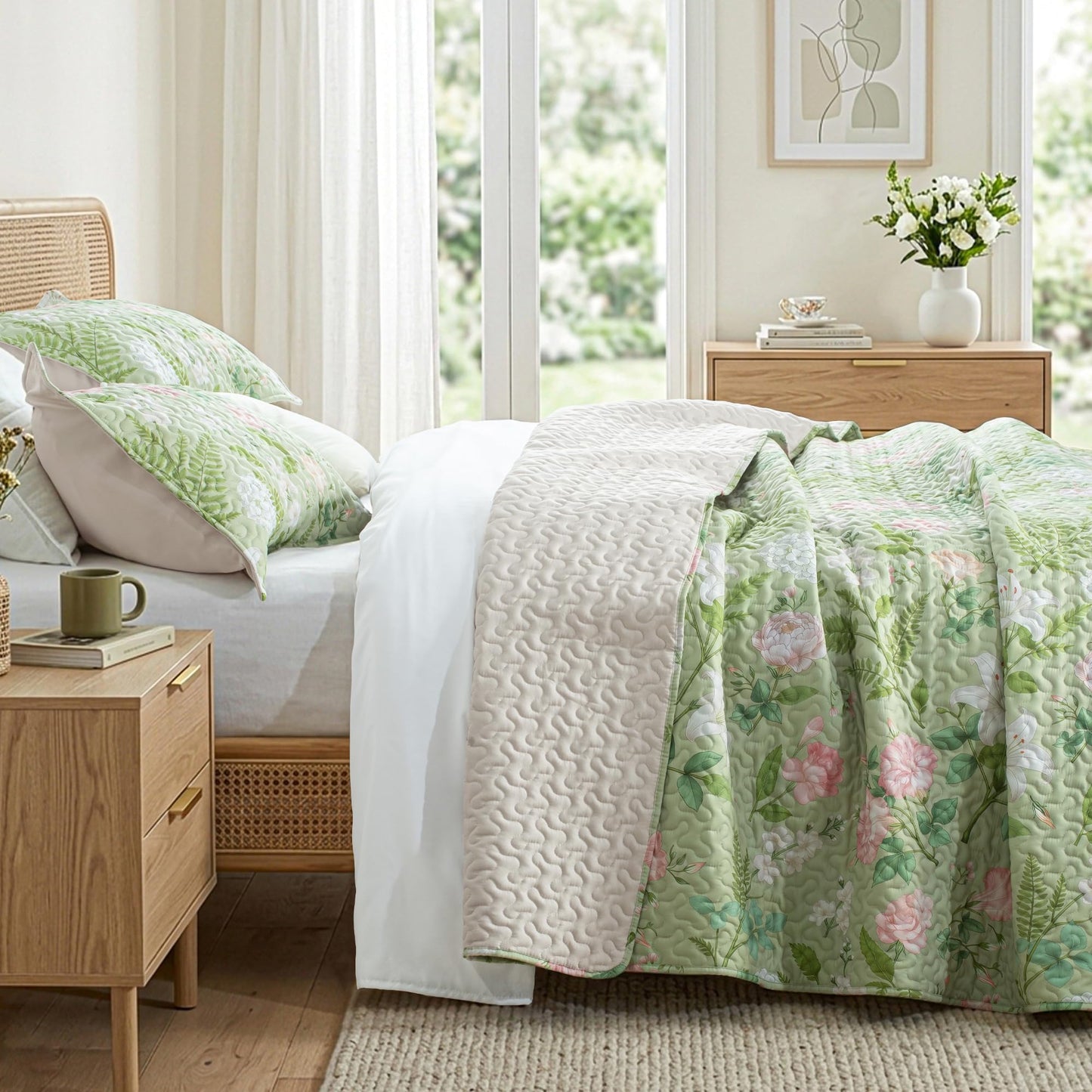 Exclusivo Mezcla Floral Quilts Queen Size, Green Queen Quilt Bedding Set with Blooming Vintage Garden Pattern, Reversible Lightweight Bedspreads Coverlets Bed Cover for All Seasons (92"x96")