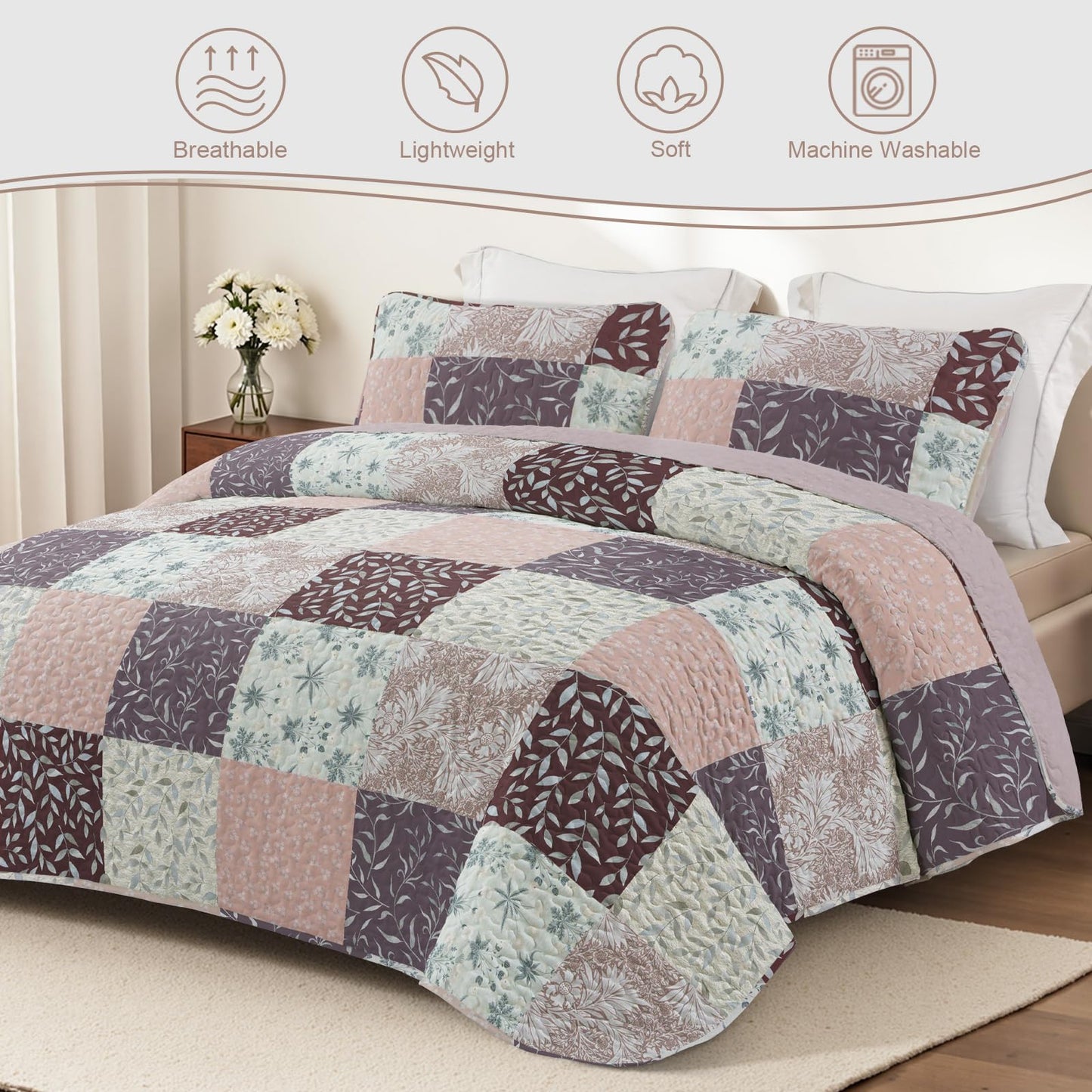 Exclusivo Mezcla Reversible Boho California King Quilt, Brown Soft Bedspreads Lightweight Coverlet All Season Patchwork Quilts Bedding Set with Printed Floral Pattern (1 Quilt, 2 Pillow Shams)