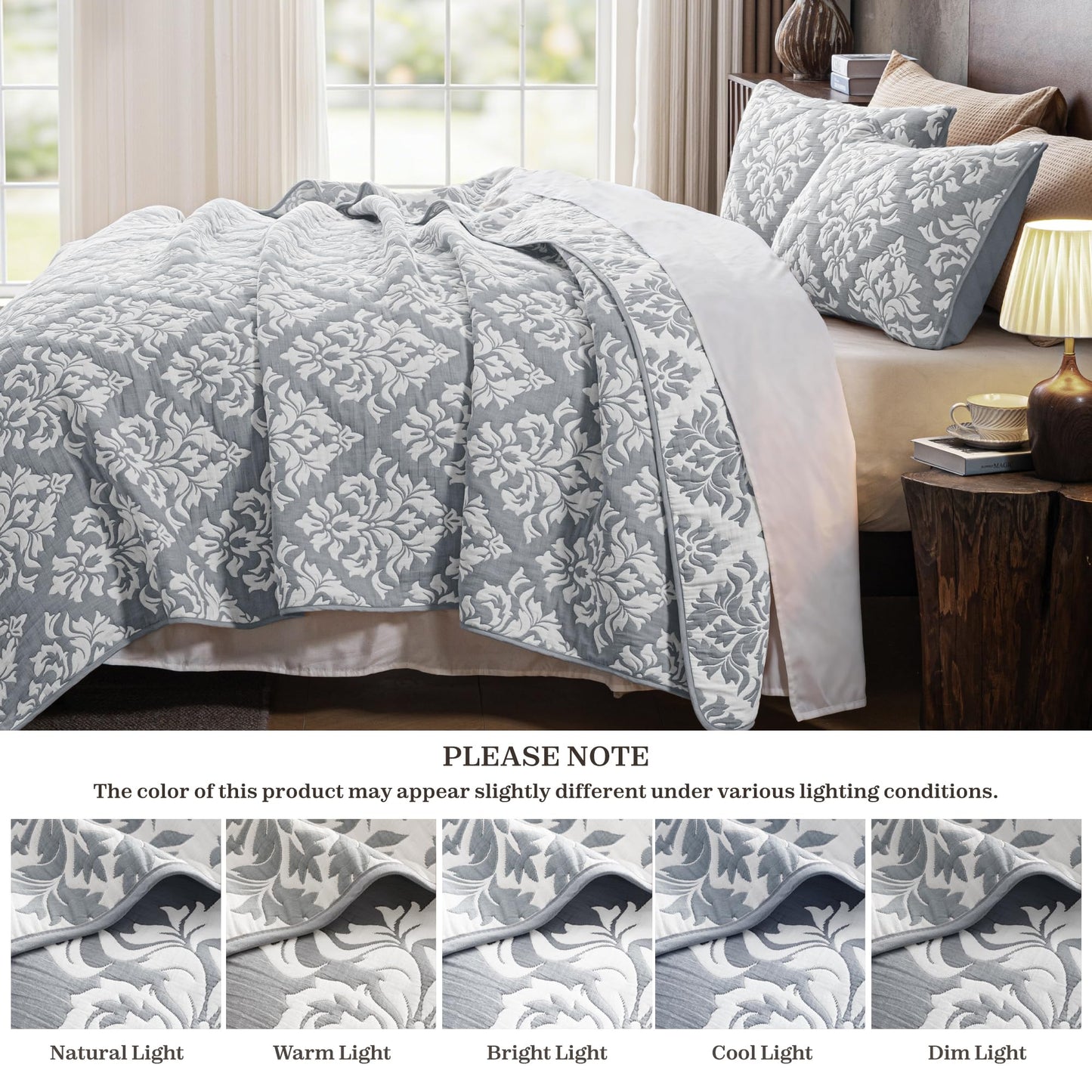 Exclusivo Mezcla Cotton Muslin Quilts King Size Grey, Soft Breathable Bedspread Lightweight Prewashed Bed Coverlet With 2 Pillow Shams, Boho Pattern Yarn Dyed Quilt Bedding Set for All Seasons