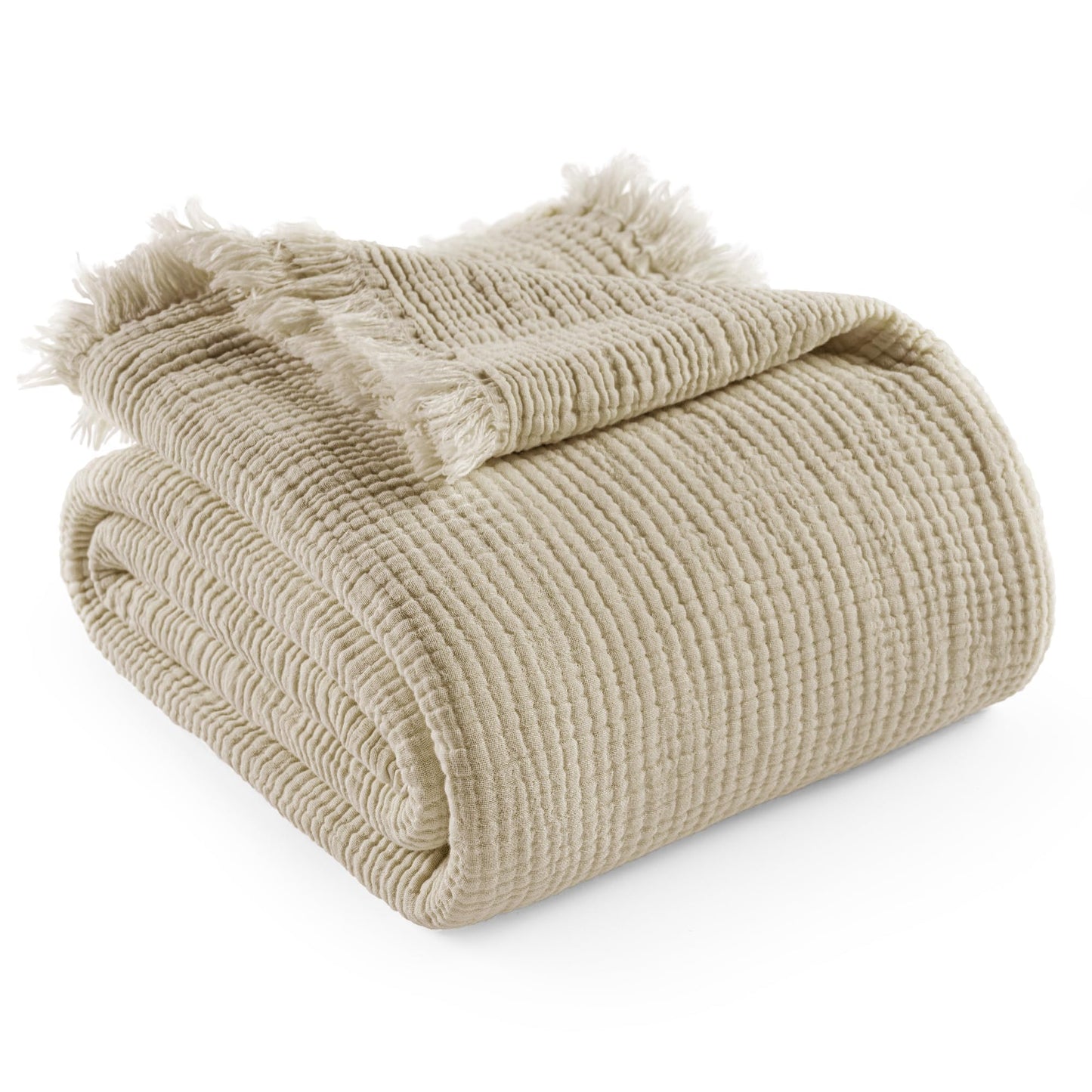 Exclusivo Mezcla 100% Cotton Muslin Throw Blanket, 4 Layers Breathable and Lightweight Gauze Blankets with Fringes for Couch, Soft, Decorative, 50"x70", Beige