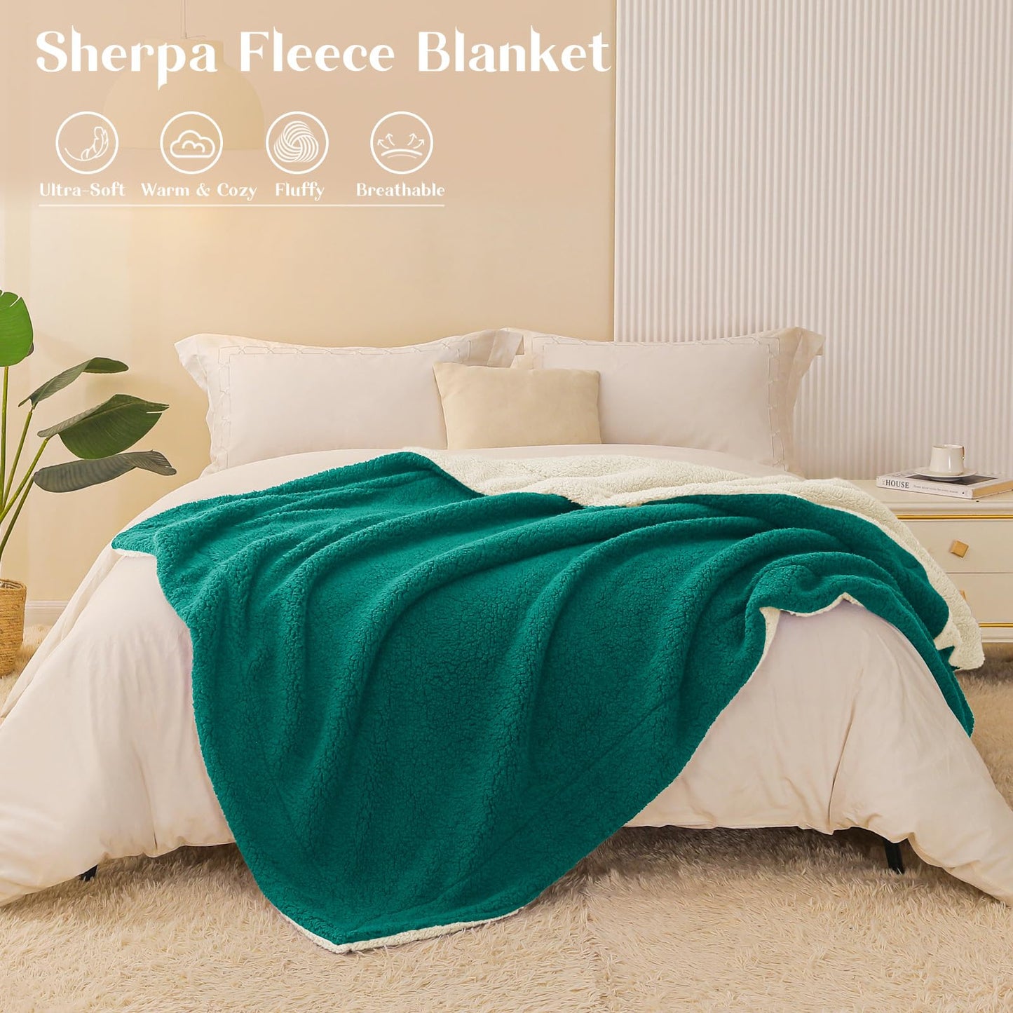 Exclusivo Mezcla Reversible Sherpa Throw Blanket for Couch, Thick and Warm Fleece Blankets for Winter, Soft Plush Fluffy, 50x60 Inches, Emerald Green/ White