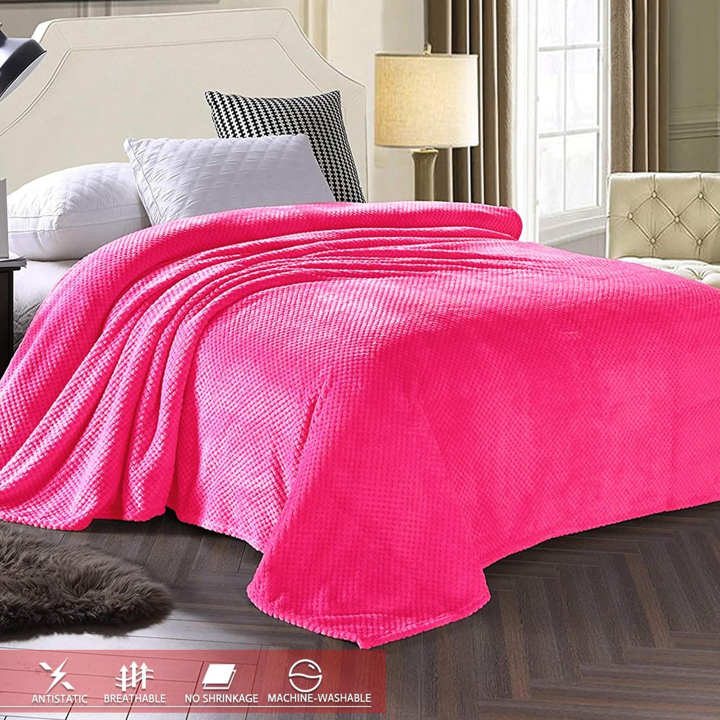Exclusivo Mezcla Fleece Bed Blanket King Size, Super Soft and Warm Blankets for Couch, Sofa and Bed Waffle Textured, Cozy, Fuzzy and Lightweight (Hot Pink, 90x104 Inches)