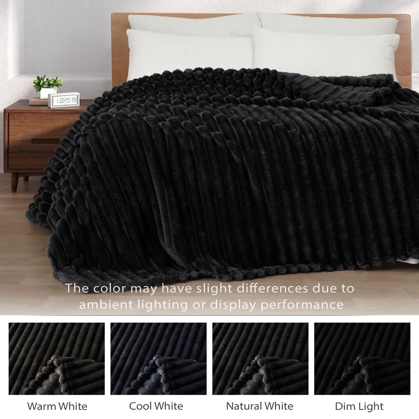 Exclusivo Mezcla California King Size Flannel Fleece Blanket, Super Soft Striped Jacquard Bed Oversized Blanket, Lightweight Fuzzy Cozy for All Seasons, 120x120 Inches, Black