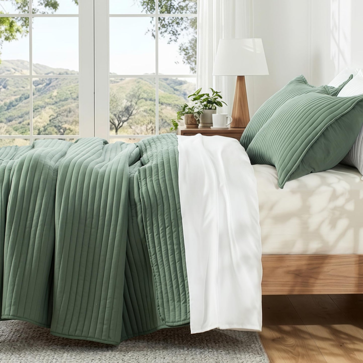 Exclusivo Mezcla King Size Quilt Bedding Set, Stripe Stitching Dark Green Quilts King Size for All Seasons, Soft Lightweight Microfiber Bedspreads Coverlets Bed Cover, 104"x96"