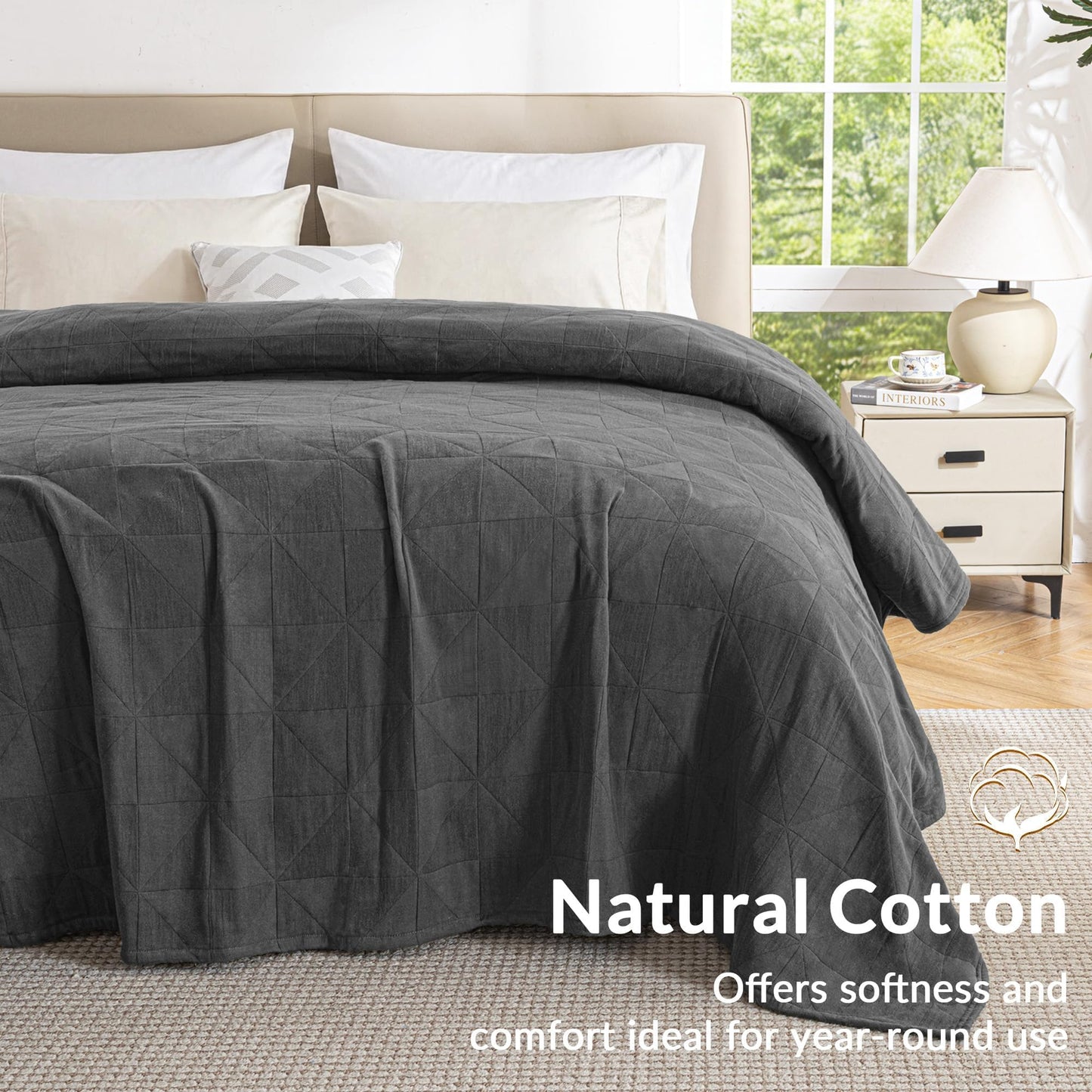 Exclusivo Mezcla 100% Cotton 4 Layers Muslin Blanket Queen Size for Bed, Moisture-wicking and Breathable Gauze Blanket with Geometric Pattern for Year Round Comfort, 90"x90", Dark Grey