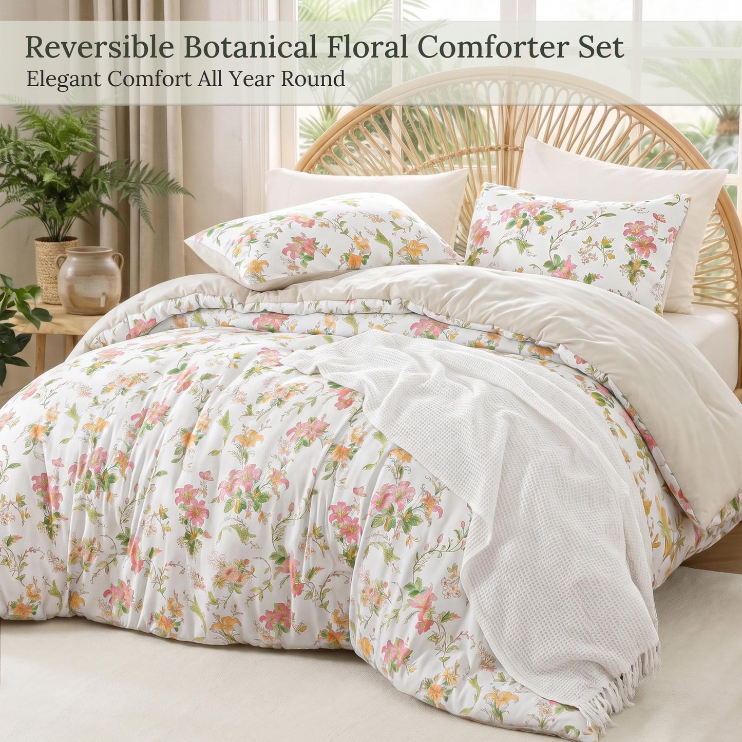 Exclusivo Mezcla Floral King Comforter Set, 3 Pieces Lightweight Reversible Soft Bedding Comforters for All Seasons, Beige Botanical Flowers Pattern