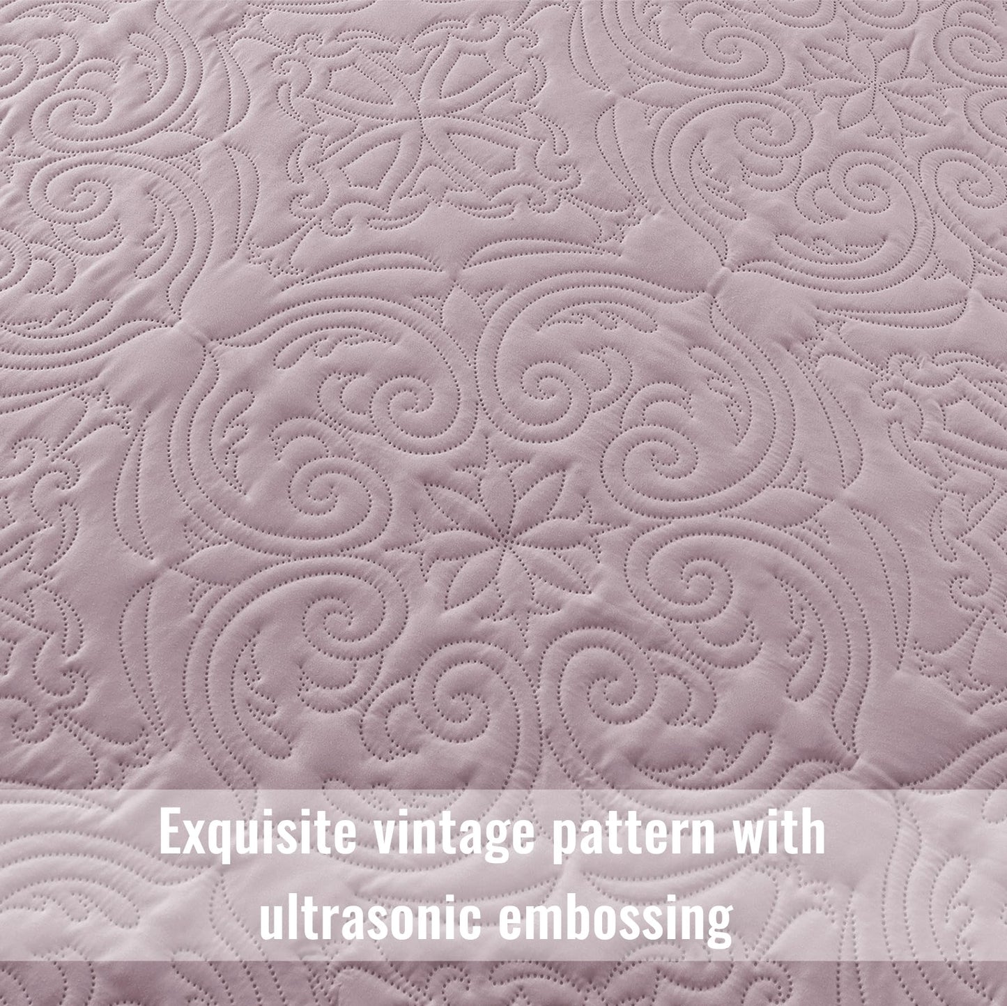 Exclusivo Mezcla Quilts Queen Size Bedding Set with 2 Pillow Shams, Lightweight Lilac Ash Full Queen Quilt Bedspread with Vintage Damask Pattern, Soft Bedspreads Coverlets for All Seasons