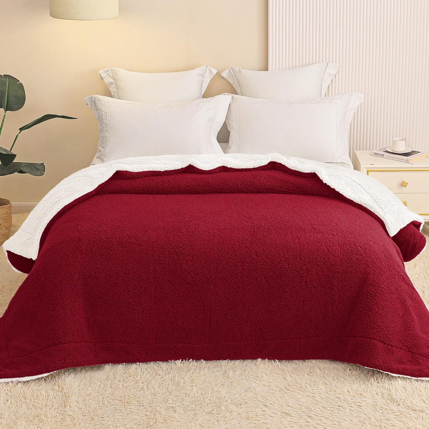 Exclusivo Mezcla Reversible Twin Size Sherpa Blanket, Thick and Warm Fleece Blankets for Winter, Soft Plush Fluffy for Bed, 60x80 Inches, Burgundy/ Ivory