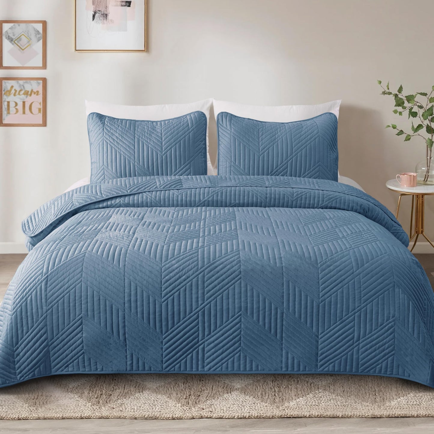 Exclusivo Mezcla Ultrasonic Twin Quilt Bedding Set, Lightweight Grayish Blue Bedspreads Soft Modern Geometric Coverlet Set for All Seasons (1 Quilt and 1 Pillow Sham)