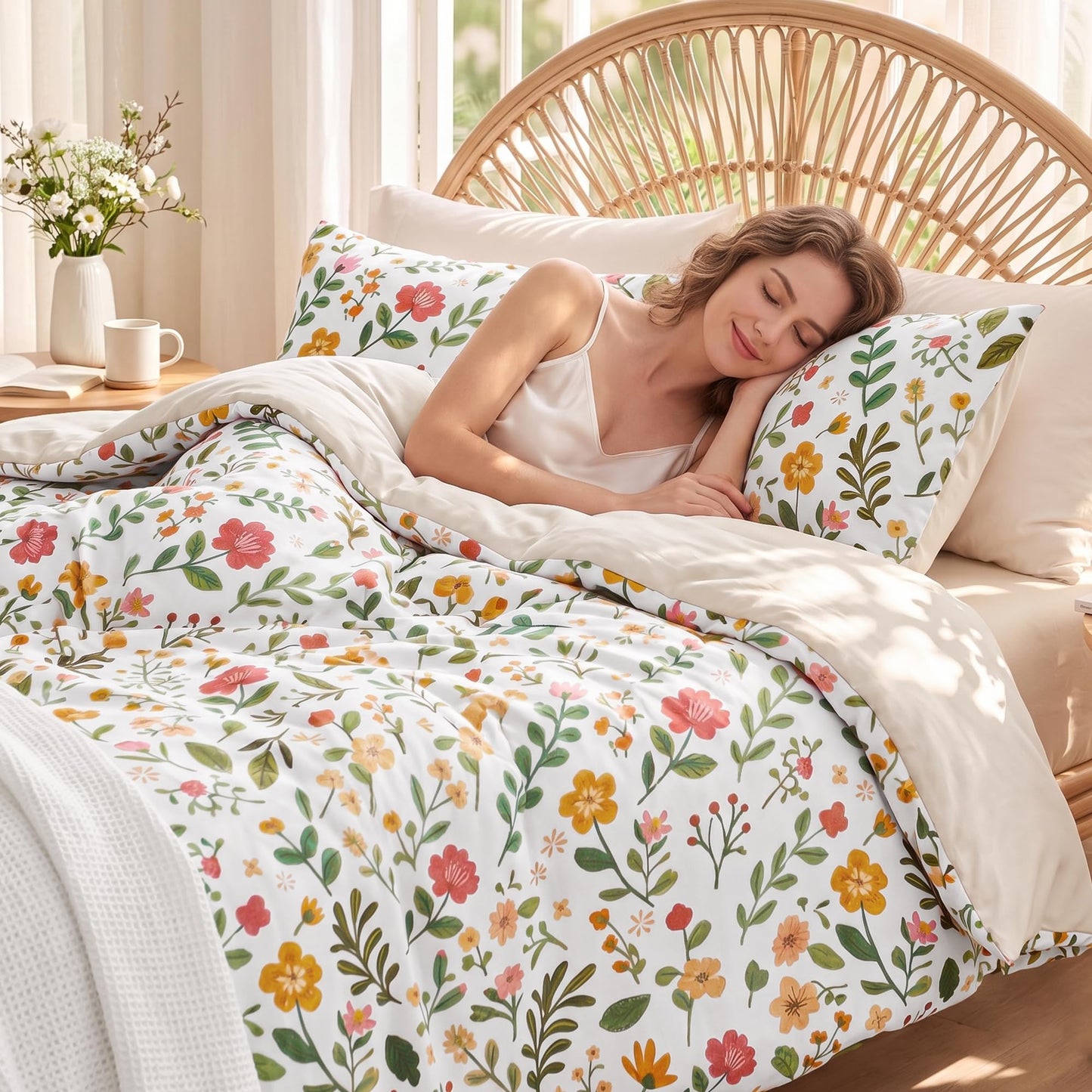 Exclusivo Mezcla Floral Oversized Queen Comforter Set, 3 Pieces Lightweight Reversible Soft Bedding Comforters for All Seasons, White Botanical Garden Pattern
