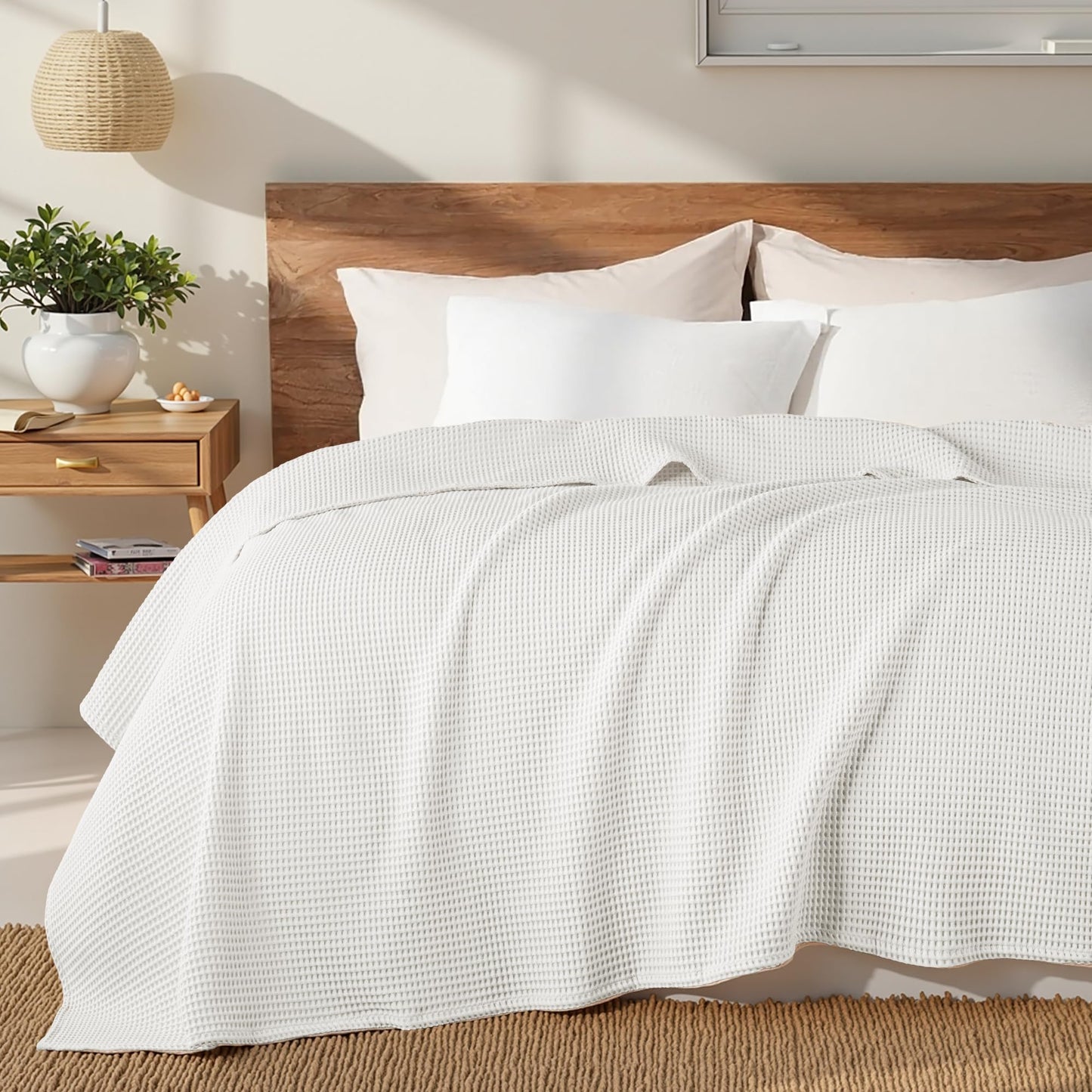 Exclusivo Mezcla 100% Cotton Waffle Weave Blanket Queen Size, Soft, Lightweight and Breathable Muslin Gauze Blanket for Bed, All Season, 90"x90", White