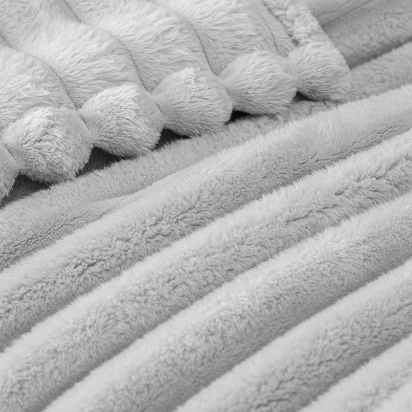 Exclusivo Mezcla California King Size Flannel Fleece Blanket, Super Soft Striped Jacquard Bed Oversized Blanket, Lightweight Fuzzy Cozy for All Seasons, 120x120 Inches, Light Grey