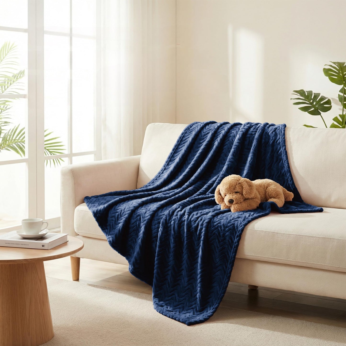 Exclusivo Mezcla King Size Jacquard Weave Wave Pattern Flannel Fleece Velvet Plush Bed Blanket as Bedspread/Coverlet/Bed Cover(90" x 104",Navy Blue) - Soft, Lightweight, Warm and Cozy