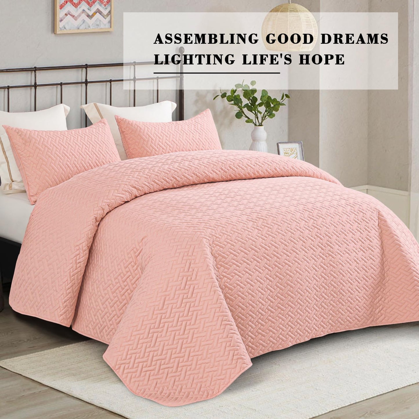 Exclusivo Mezcla 3-Piece King Size Quilt Set with Pillow Shams, Basket Quilted Bedspread/Coverlet/Bed Cover(96x104 inches, Blush Pink)-Soft, Lightweight and Reversible