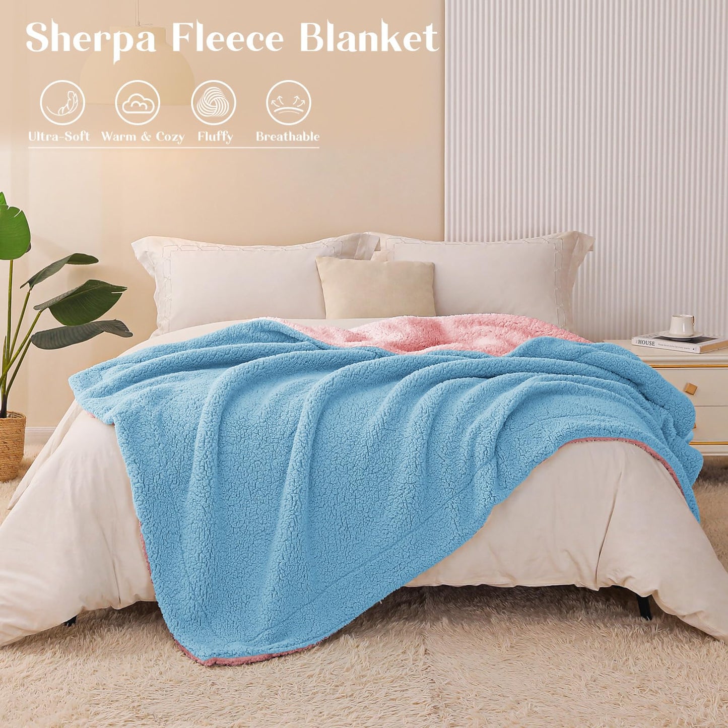 Exclusivo Mezcla Reversible King Size Sherpa Blanket, Thick and Warm Fleece Blankets for Winter, Soft Plush Fluffy for Bed, 90x104 Inches, Blue/ Light Pink