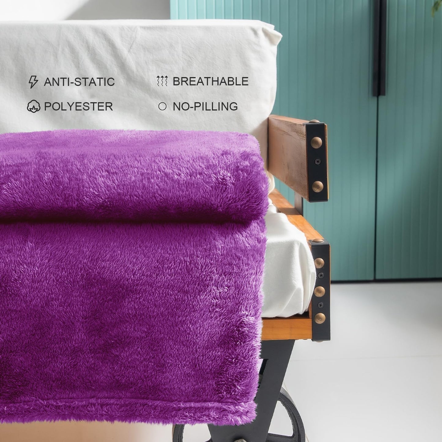 Exclusivo Mezcla Plush Fuzzy Large Fleece Throw Blanket (50" x 70",Purple)- Soft, Warm& Lightweight