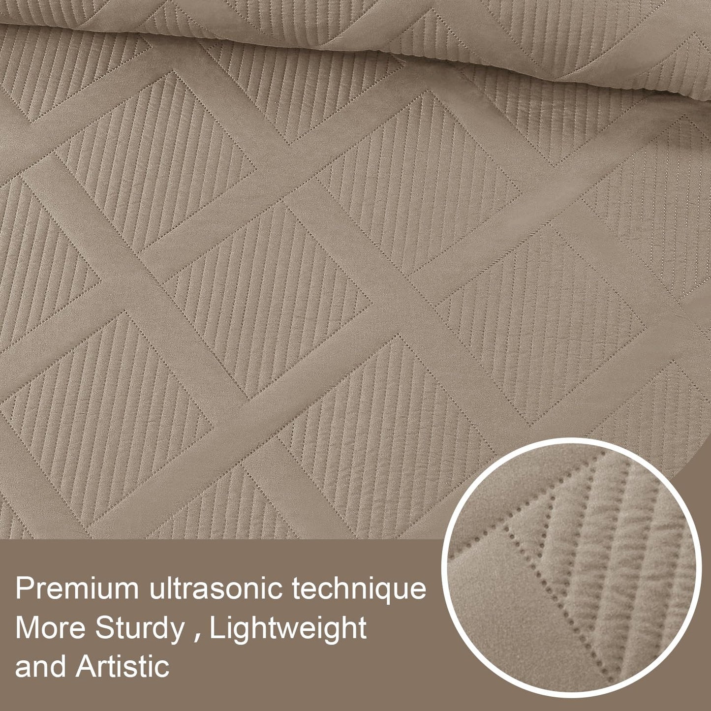 Exclusivo Mezcla Full Queen Size Quilt Set with Modern Striped Pattern, 3 Pieces Summer Lightweight Taupe Quilts Bedding Set, Soft Bedspreads Coverlets for All Seasons