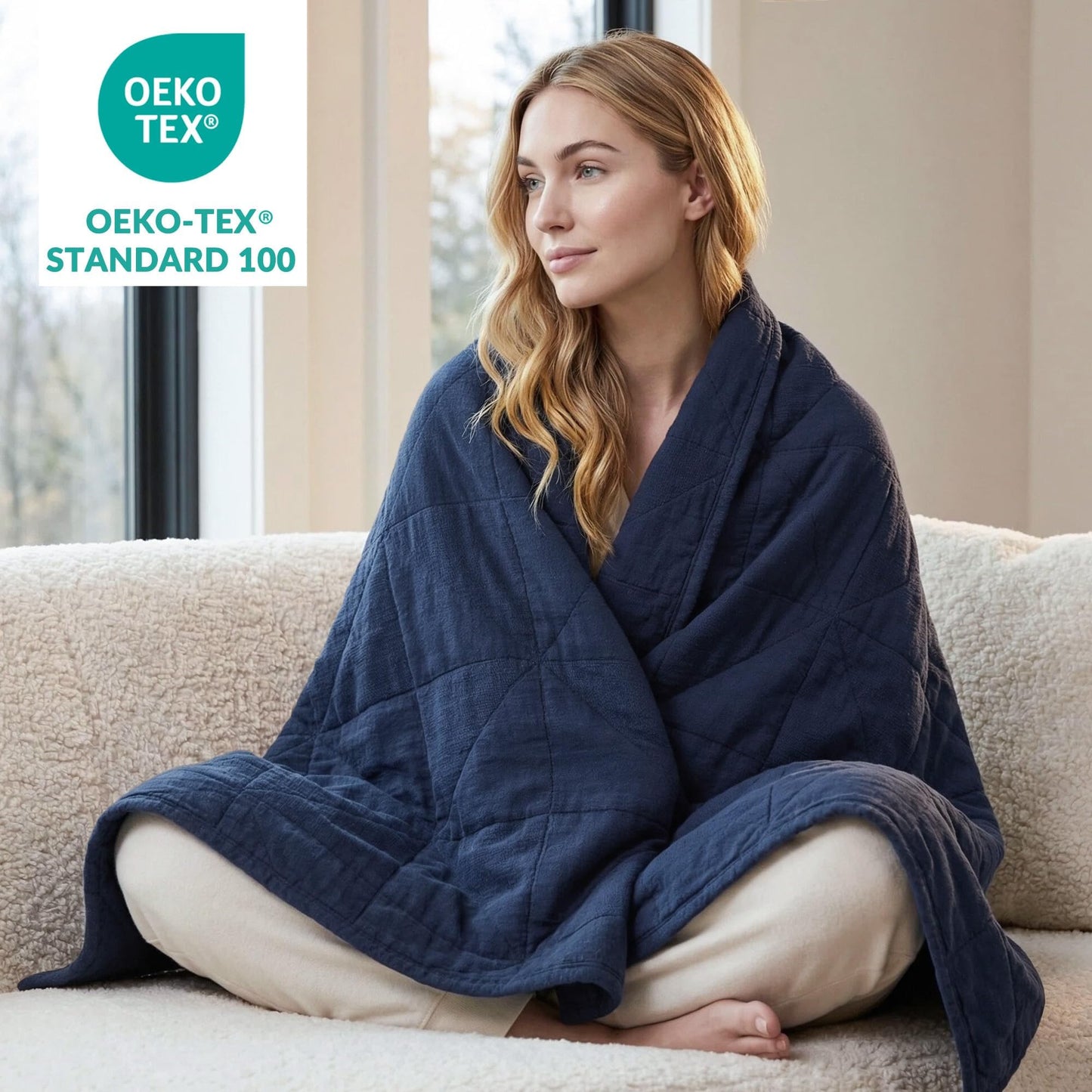 Exclusivo Mezcla 100% Cotton 4 Layers Muslin Throw Blanket for Couch, Moisture-wicking and Breathable Gauze Blanket with Geometric Pattern for Year Round Comfort, 50"x60", Navy Blue