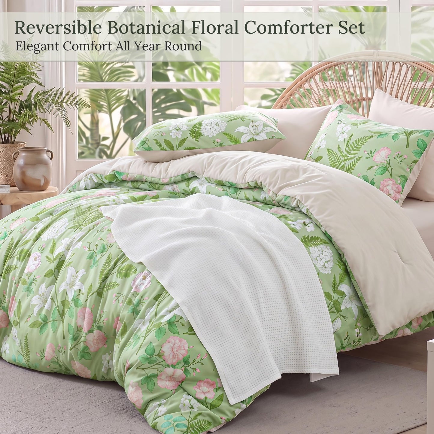 Exclusivo Mezcla Floral Queen Comforter Set, 3 Pieces Lightweight Reversible Soft Bedding Comforters for All Seasons, Green Botanical Flowers Pattern