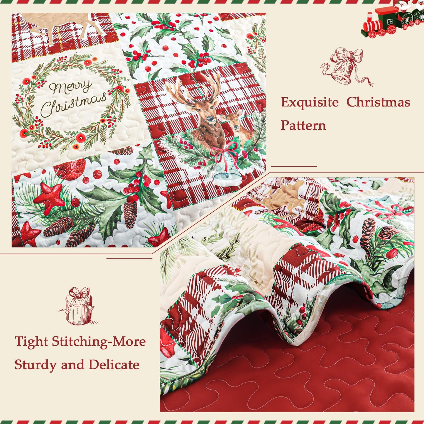 Exclusivo Mezcla Christmas Quilt Twin Size, Rust Red Patchwork Bedspreads Reversible Coverlets Bedding Set with Printed Reindeer Wreaths Pattern (1 Quilt, 1 Pillow Sham)
