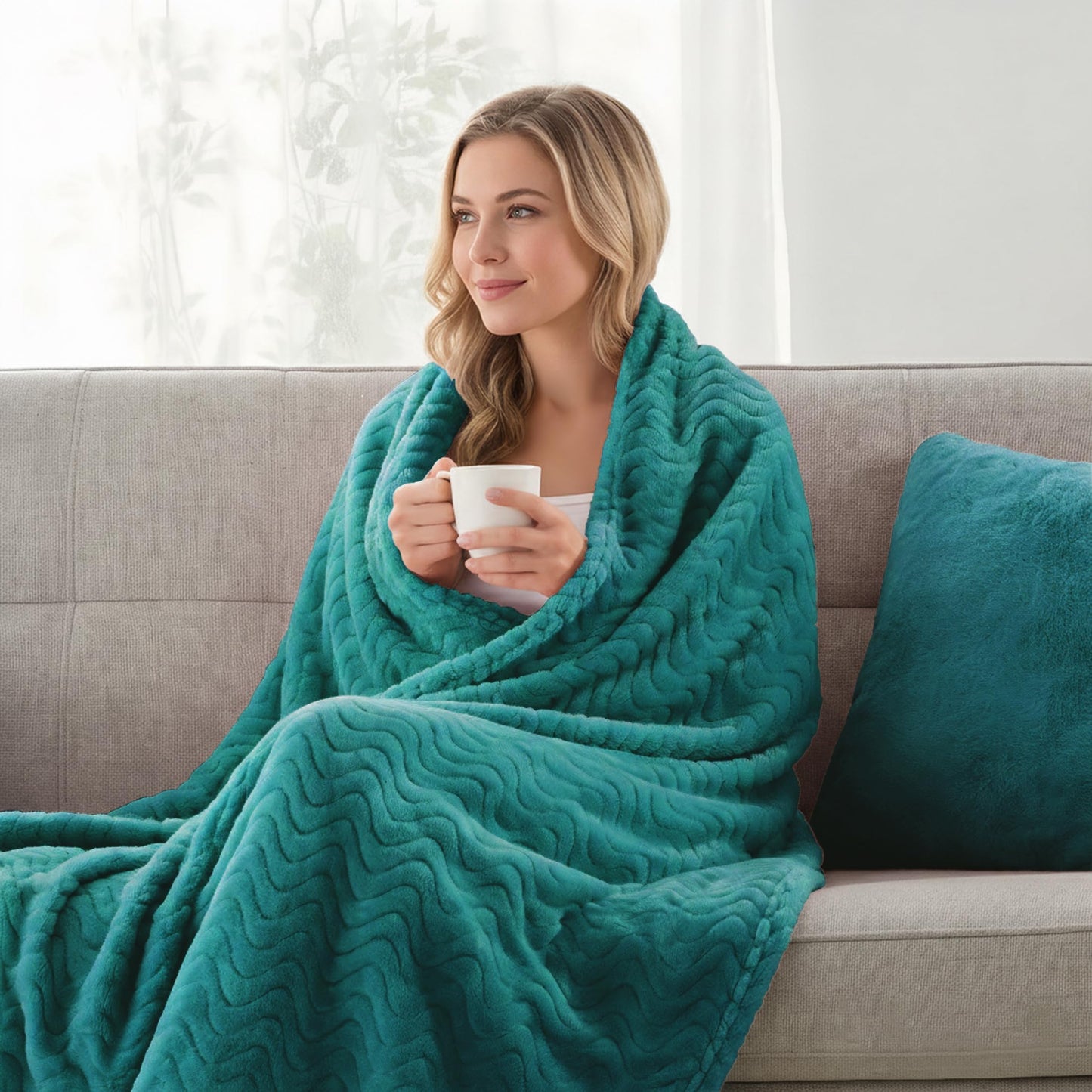 Exclusivo Mezcla Queen Size Jacquard Weave Wave Pattern Flannel Fleece Velvet Plush Bed Blanket as Bedspread/Coverlet/Bed Cover (90" x 90", Teal) - Soft, Lightweight, Warm and Cozy
