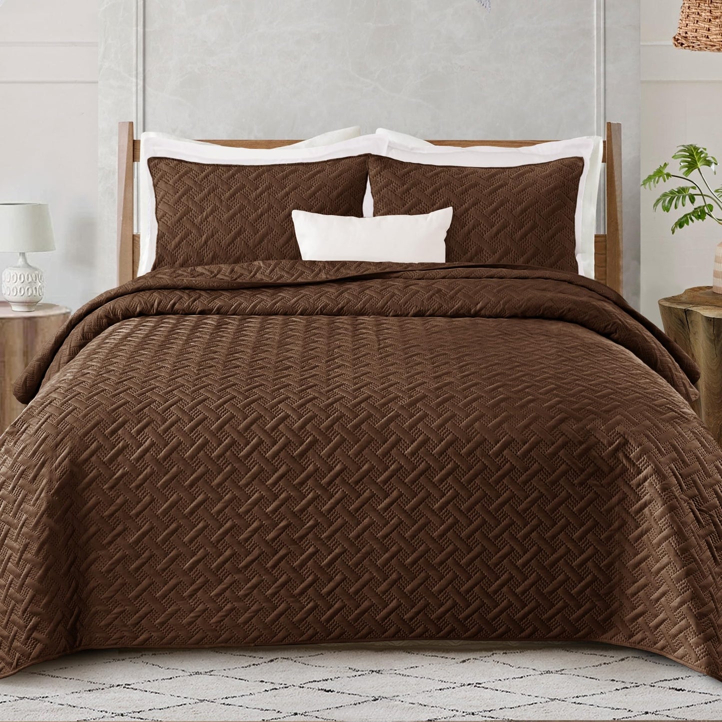 Exclusivo Mezcla Soft Quilt Set King Size, 3 Pieces Lightweight Quilts Brown Bedspreads Coverlets Bedding Set for All Seasons, Weave Pattern