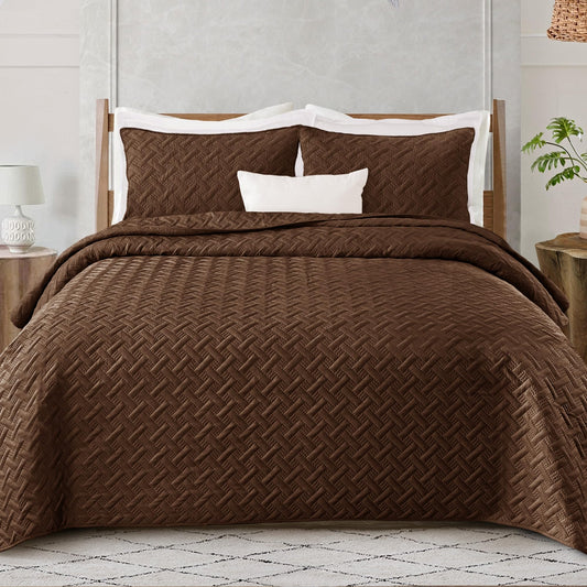 Exclusivo Mezcla Soft Quilt Set King Size, 3 Pieces Lightweight Quilts Brown Bedspreads Coverlets Bedding Set for All Seasons, Weave Pattern