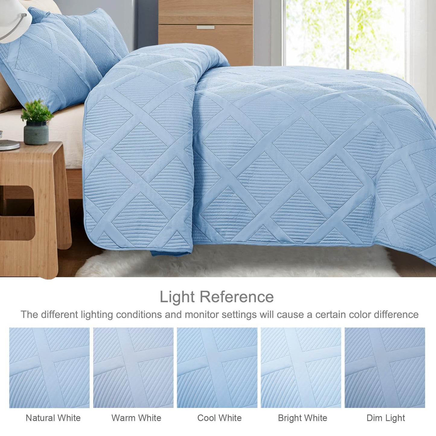 Exclusivo Mezcla Full Queen Size Quilt Set with Modern Striped Pattern, 3 Pieces Lightweight Sky Blue Quilts Bedding Set, Soft Bedspreads Coverlets for All Seasons
