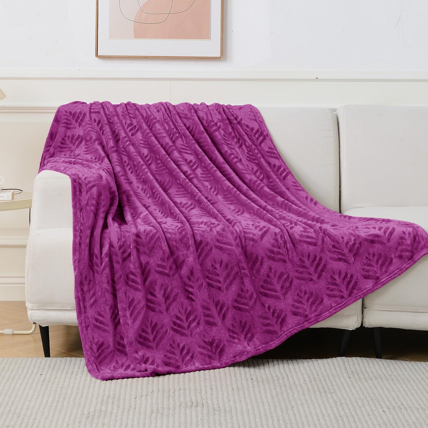 Exclusivo Mezcla King Size Fleece Blanket for Bed, Leaves Pattern Super Soft and Cozy Blankets, Plush Fuzzy Lightweight, Purple, 90"x104"